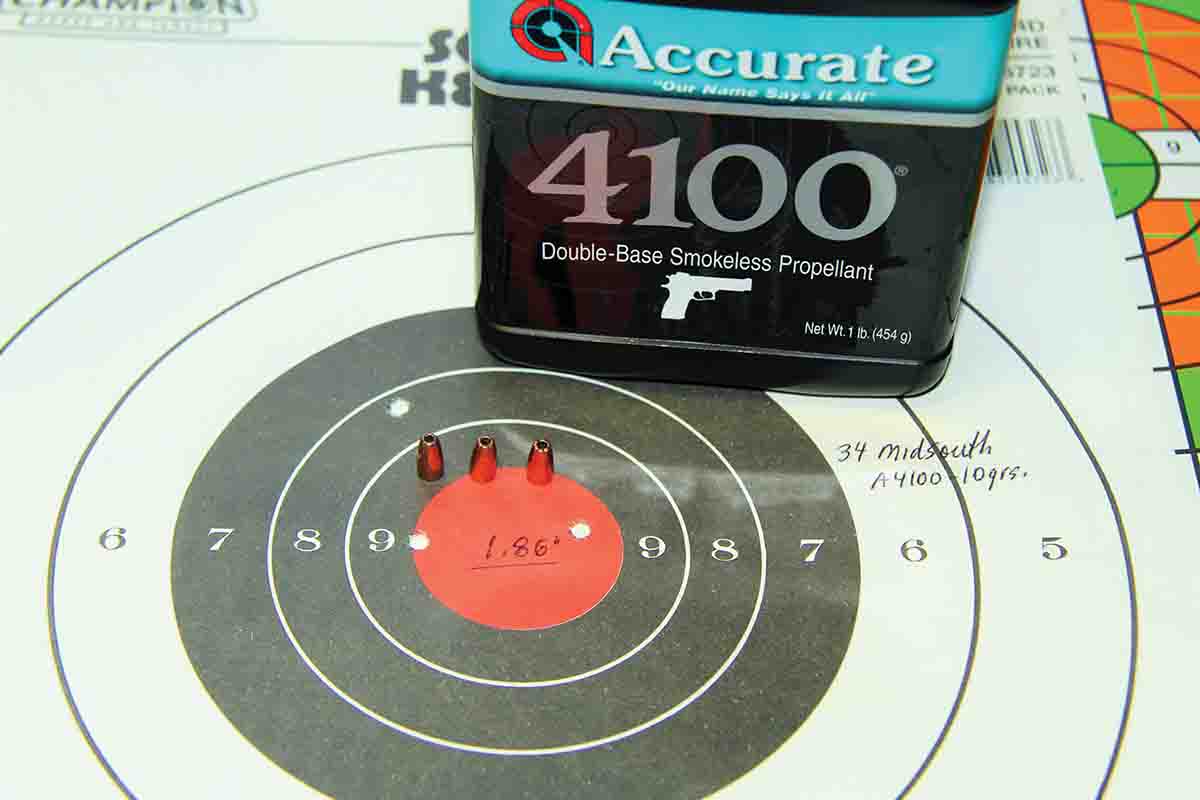 The best group produced by the Midsouth 34-grain Varmint Nightmare Xtreme bullet resulted from 10 grains of Accurate 4100 at 1,958 fps. That group measured 1.89 inches.